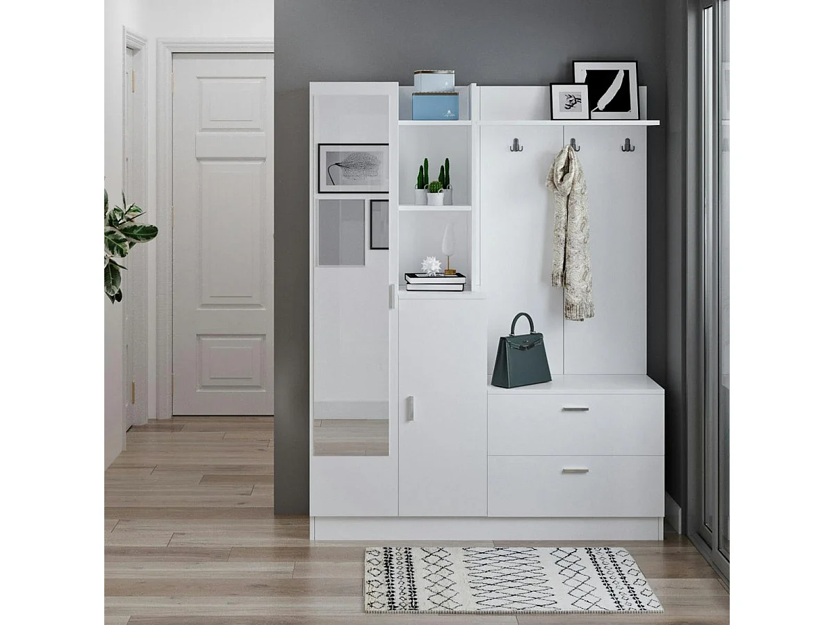 Grand vestiaire d’entrée blanc 4 portes 1 miroir JENA