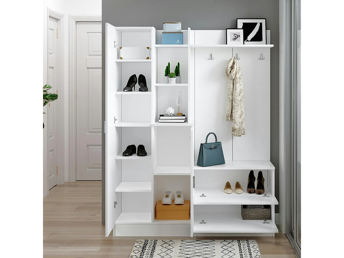 Grand vestiaire d’entrée blanc 4 portes 1 miroir JENA