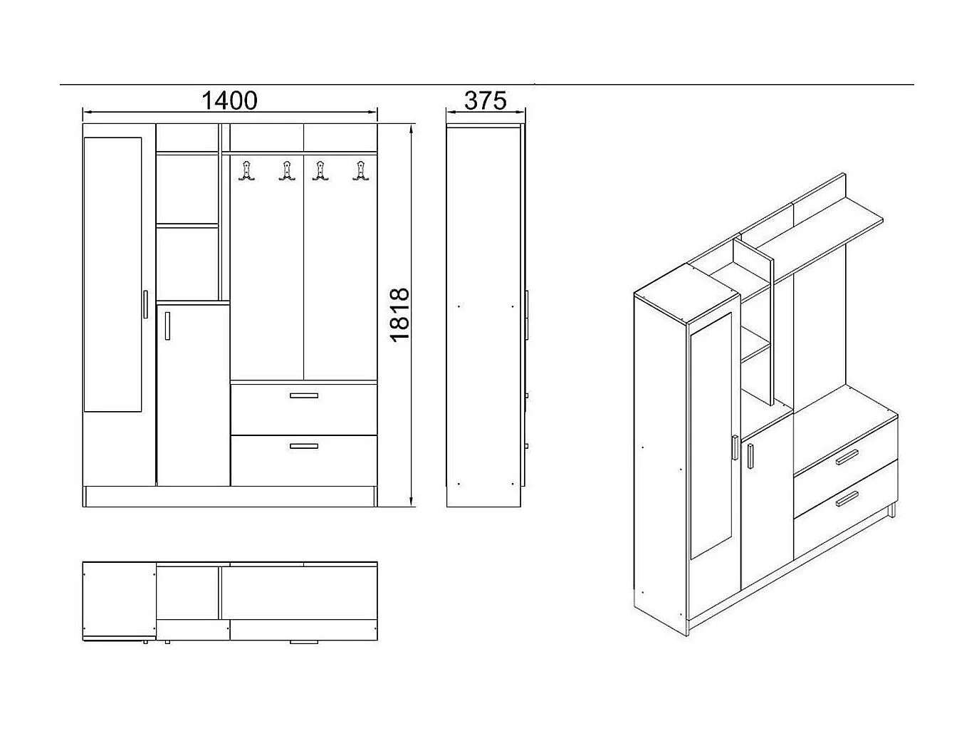 Grand vestiaire d’entrée blanc 4 portes 1 miroir JENA
