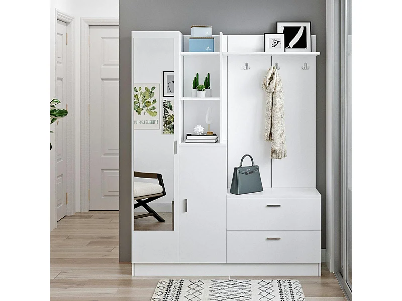 Grand vestiaire d’entrée blanc 4 portes 1 miroir JENA