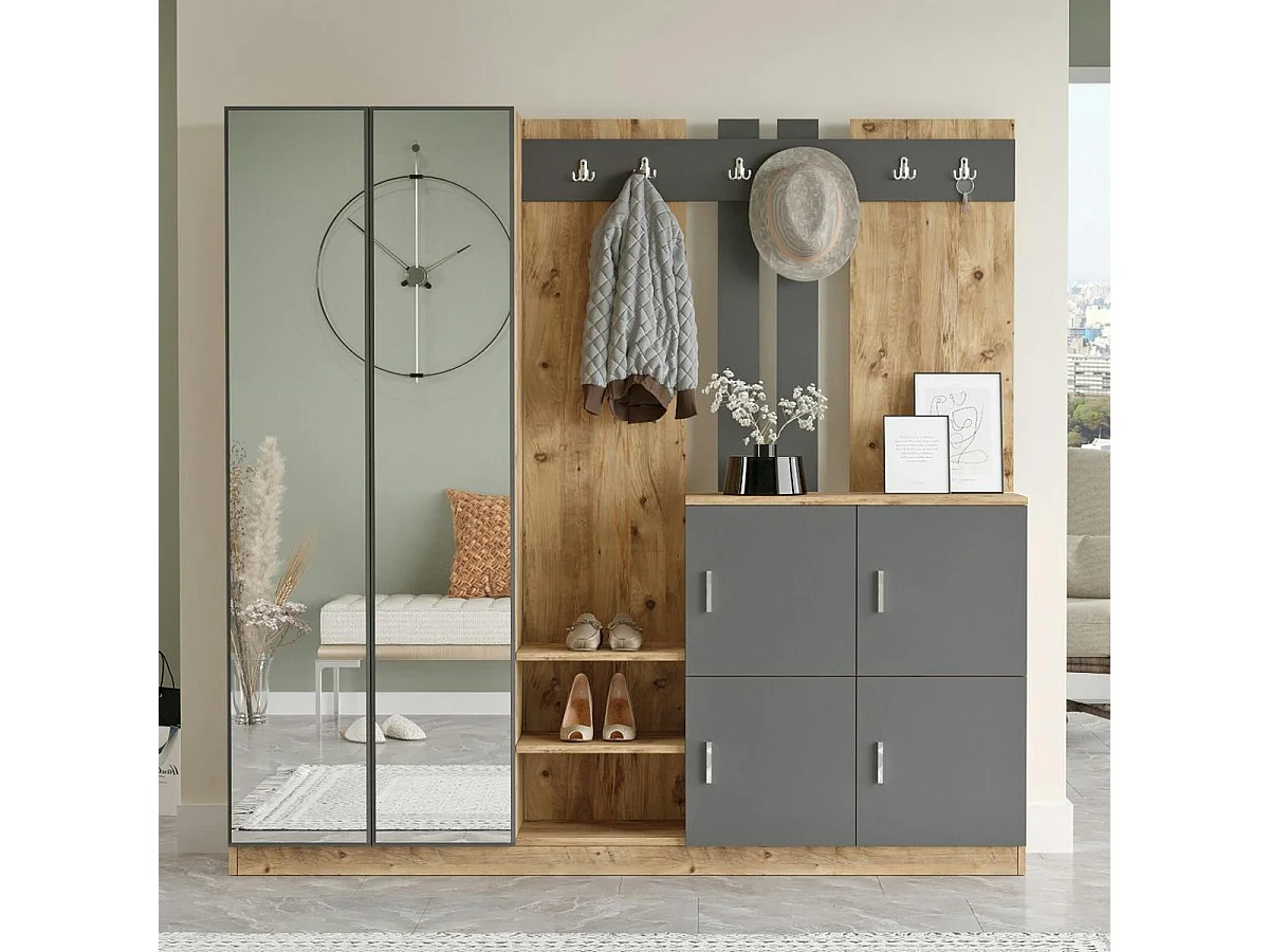 Vestiaire d'entrée 4 portes 1 miroir décor gris et bois MARFA
