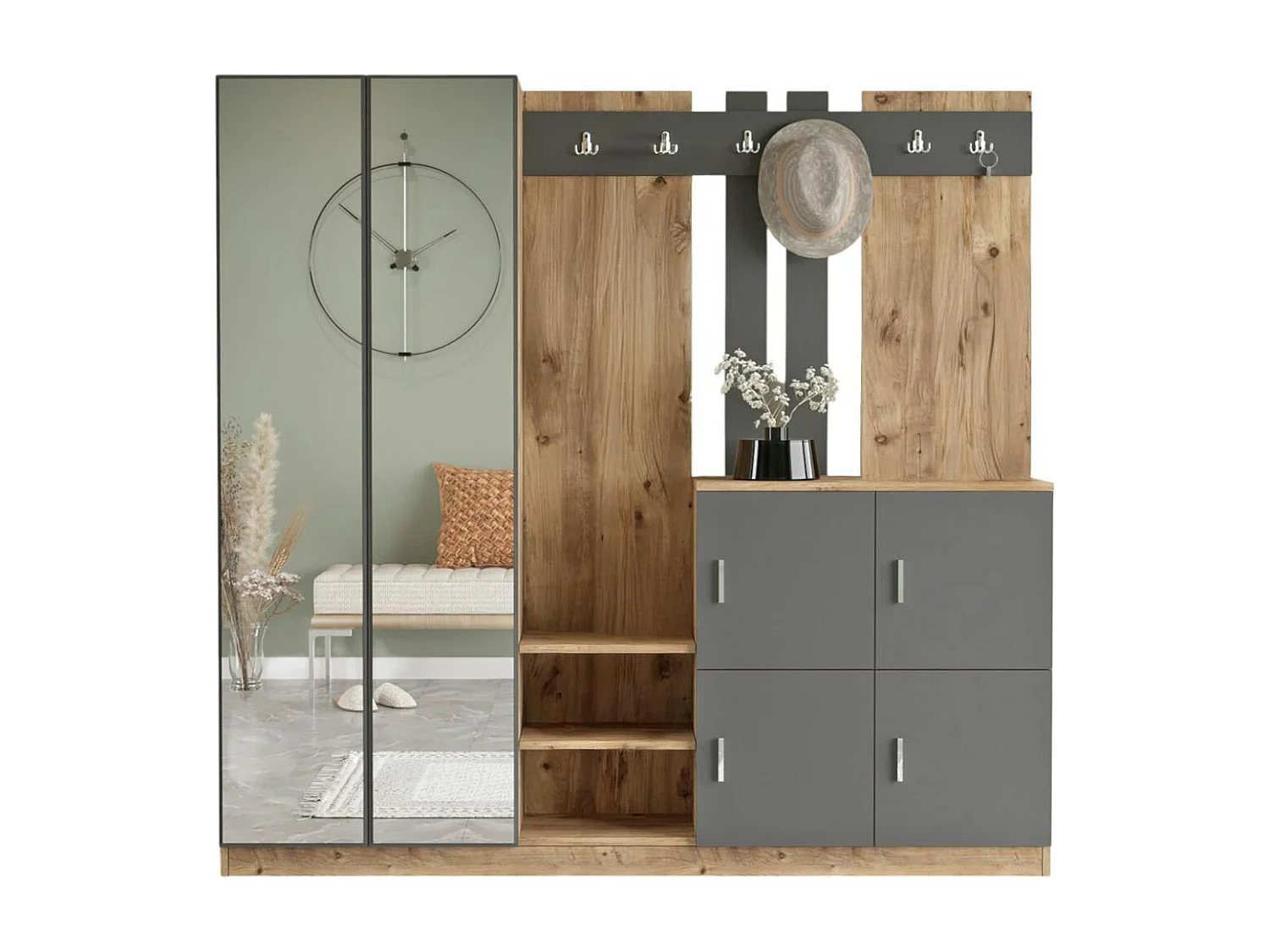 Vestiaire d'entrée 4 portes 1 miroir décor gris et bois MARFA