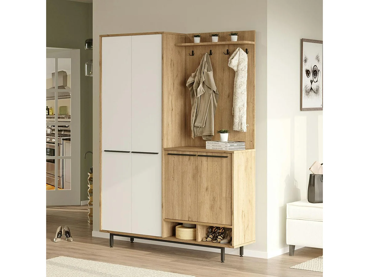 Vestiaire d'entrée 4 portes décor blanc et bois JENA