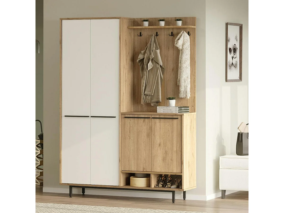 Vestiaire d'entrée 4 portes décor blanc et bois JENA