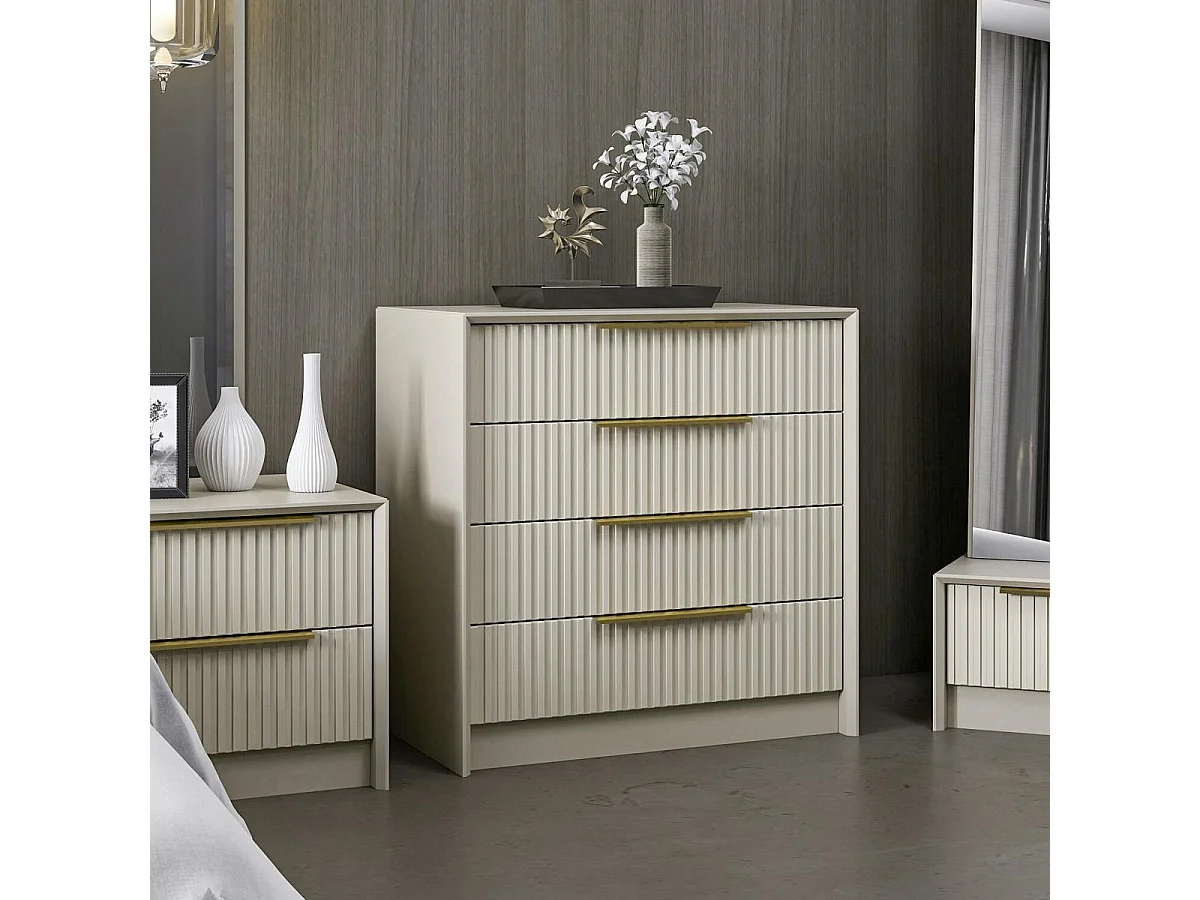 Commode moderne 4 tiroirs beige, façade rainurée BYRON