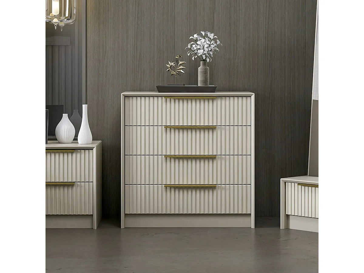 Commode moderne 4 tiroirs beige, façade rainurée BYRON