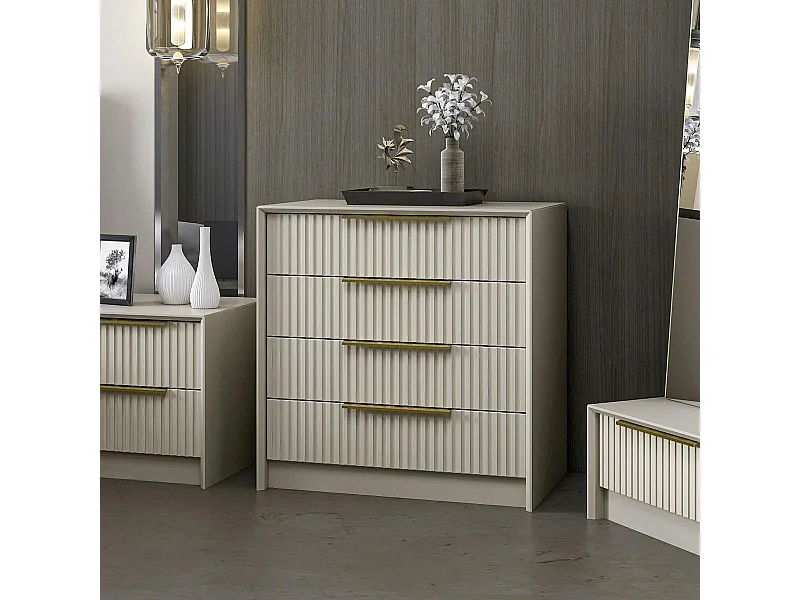 Commode moderne 4 tiroirs beige, façade rainurée BYRON