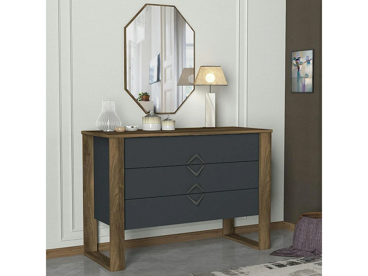 Commode grise moderne 3 tiroirs, miroir assorti MARFA