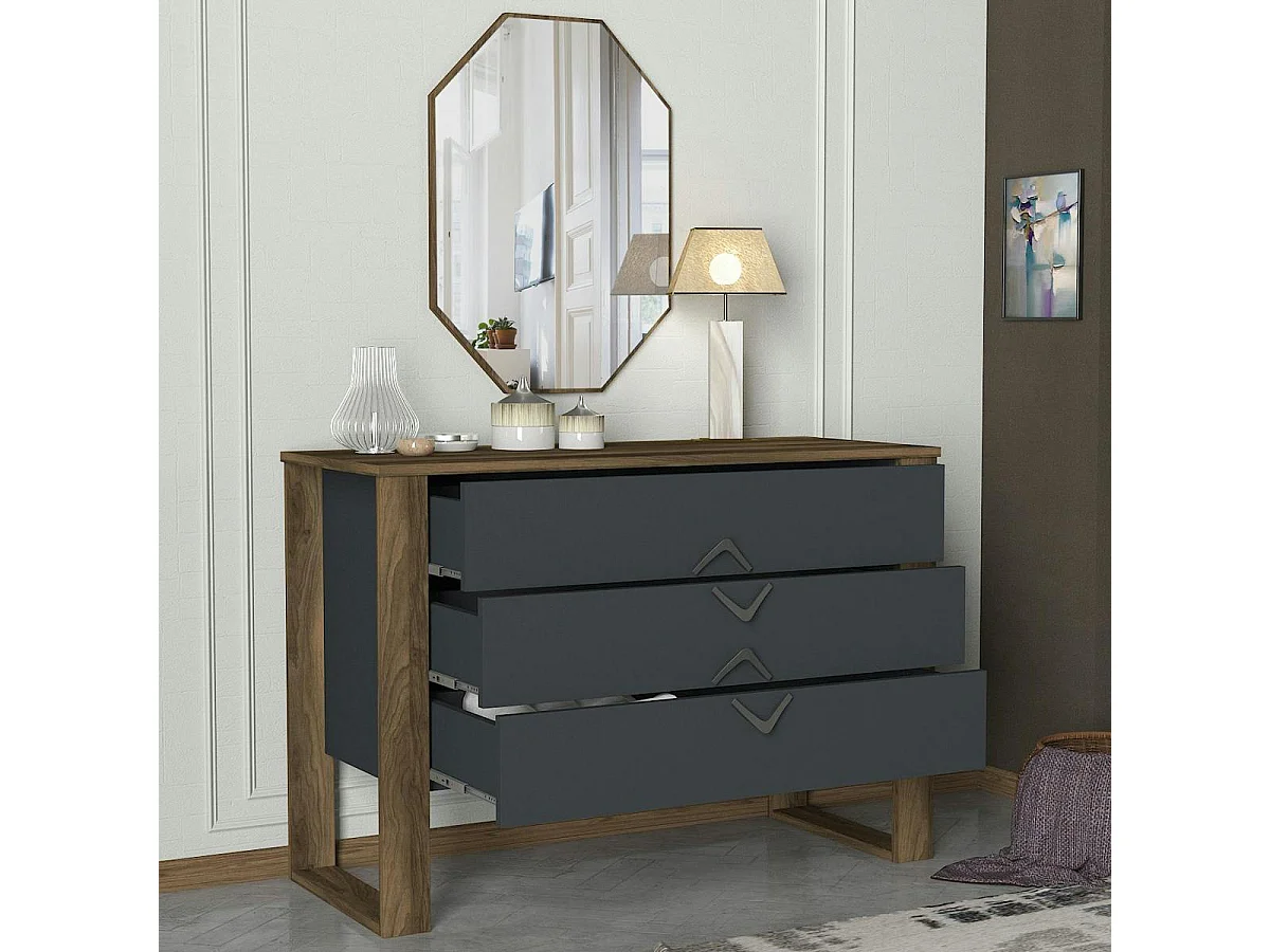 Commode grise moderne 3 tiroirs, miroir assorti MARFA