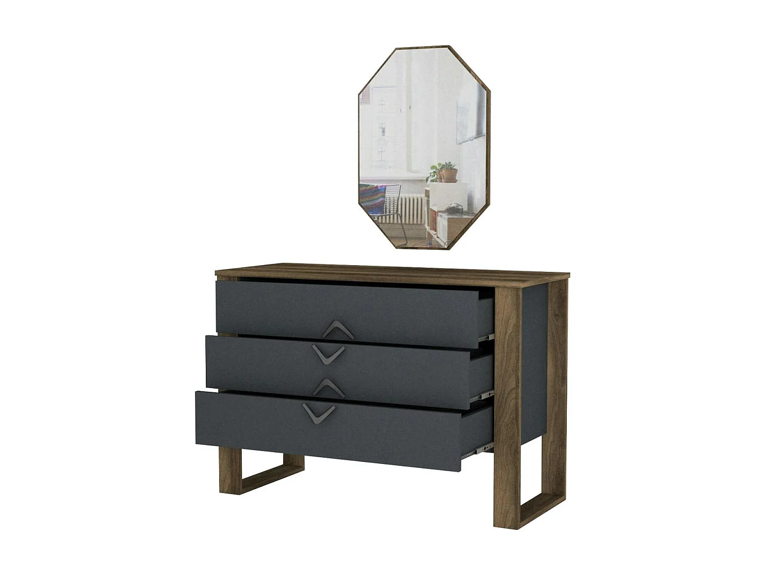 Commode grise moderne 3 tiroirs, miroir assorti MARFA