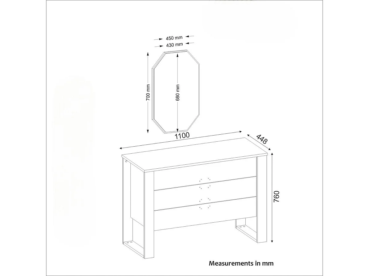 Commode grise moderne 3 tiroirs, miroir assorti MARFA