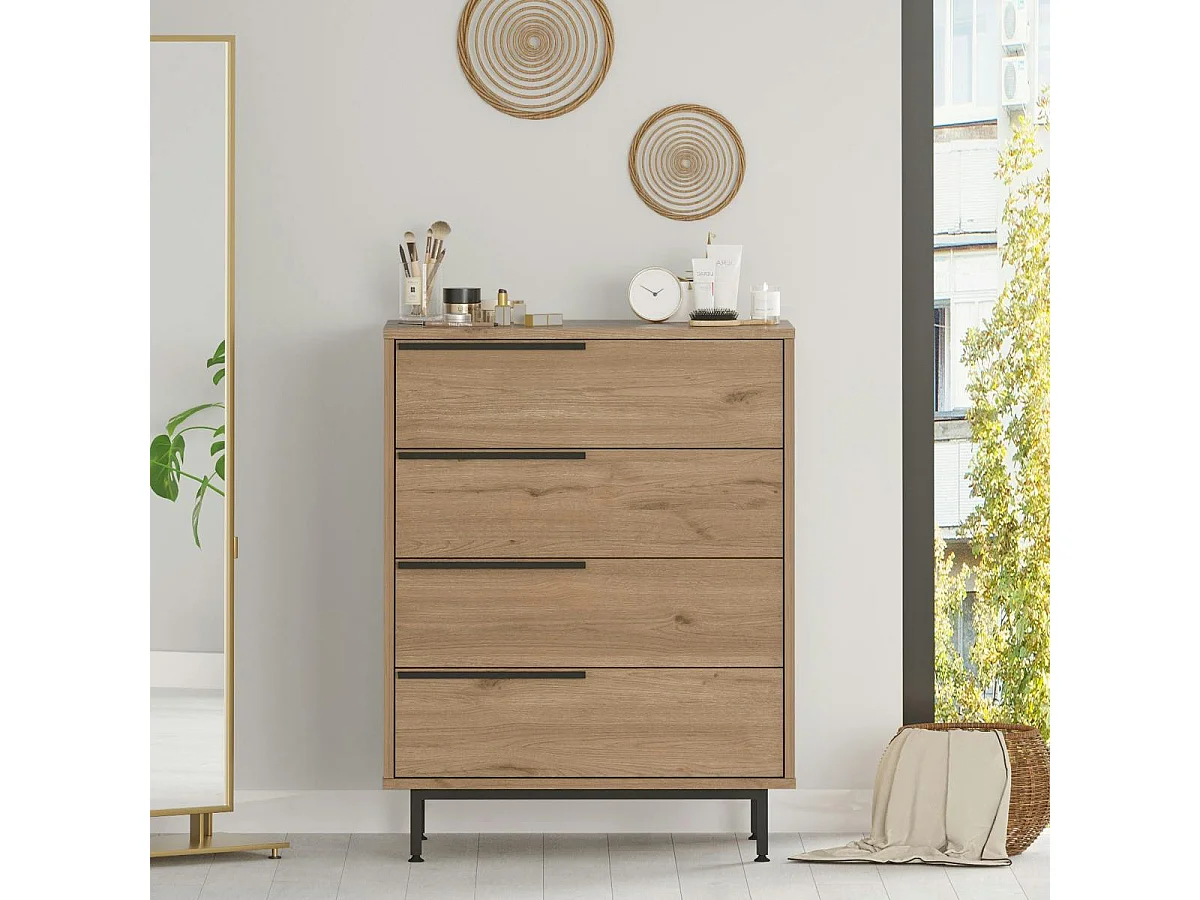 Commode rangement 4 tiroirs à détails noirs, effet bois JENA