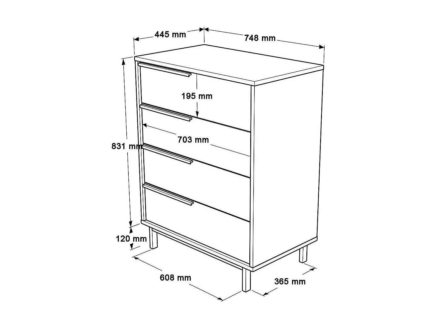 Commode rangement 4 tiroirs à détails noirs, effet bois JENA