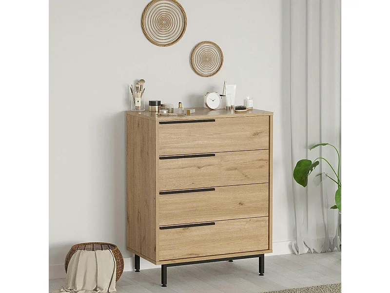 Commode rangement 4 tiroirs à détails noirs, effet bois JENA