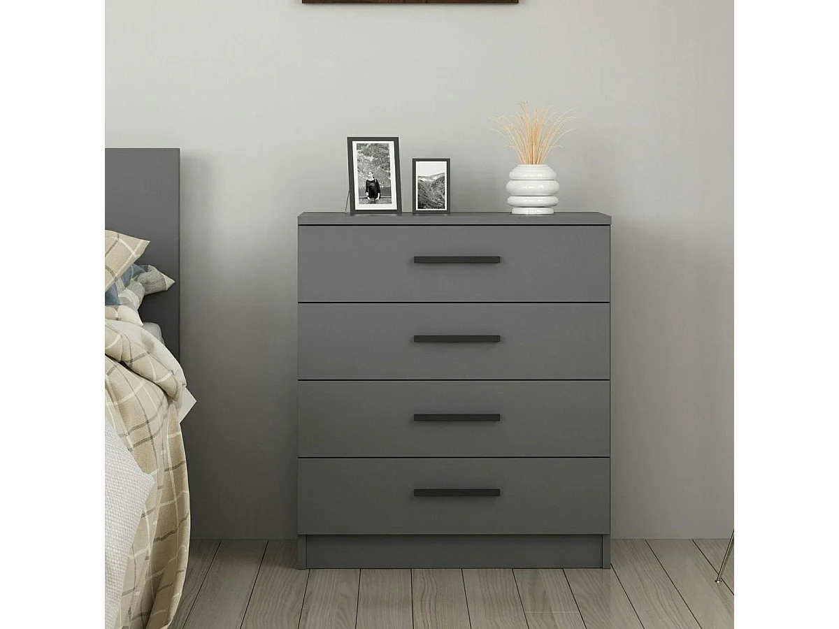 Commode grise moderne 4 tiroirs, poignées noires MARFA