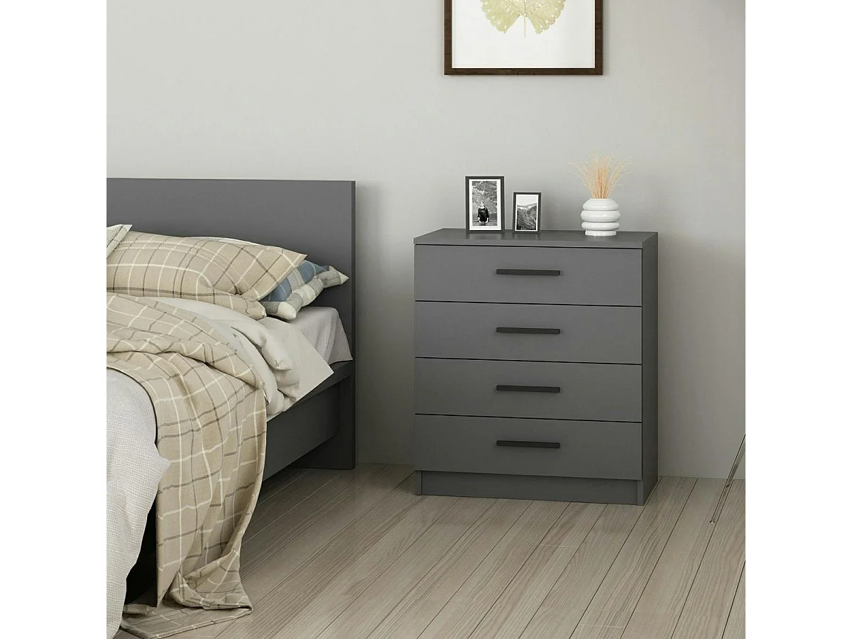 Commode grise moderne 4 tiroirs, poignées noires MARFA