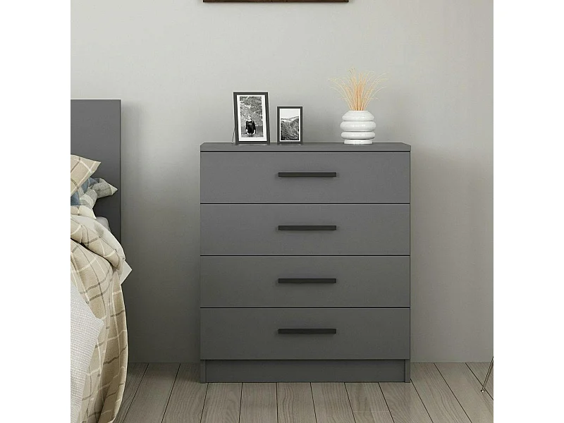 Commode grise moderne 4 tiroirs, poignées noires MARFA