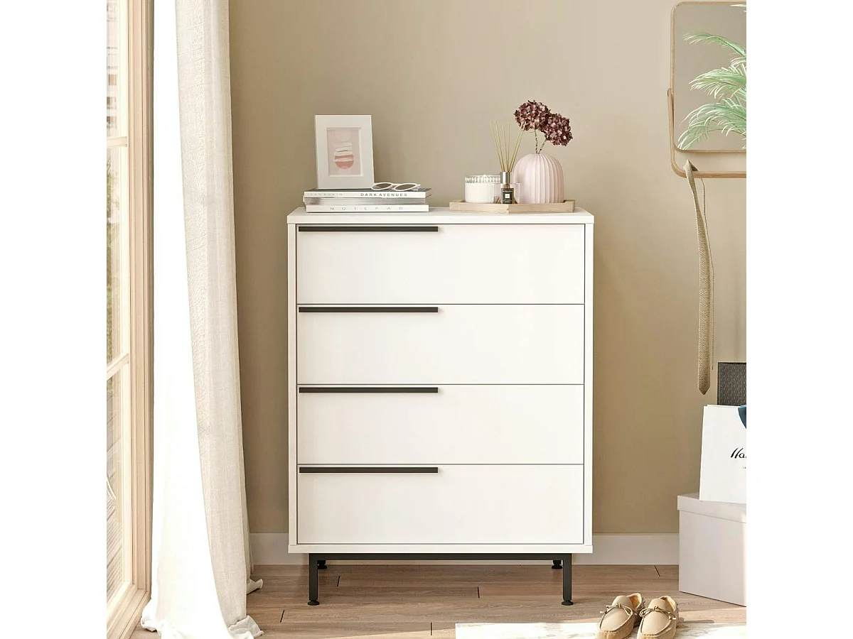 Commode haute blanche à détails noirs, 4 tiroirs JENA