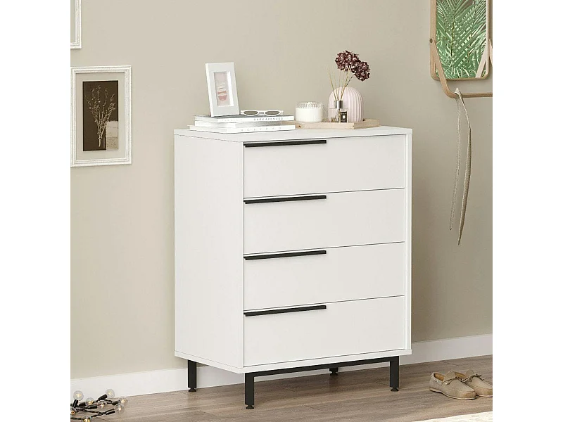 Commode haute blanche à détails noirs, 4 tiroirs JENA