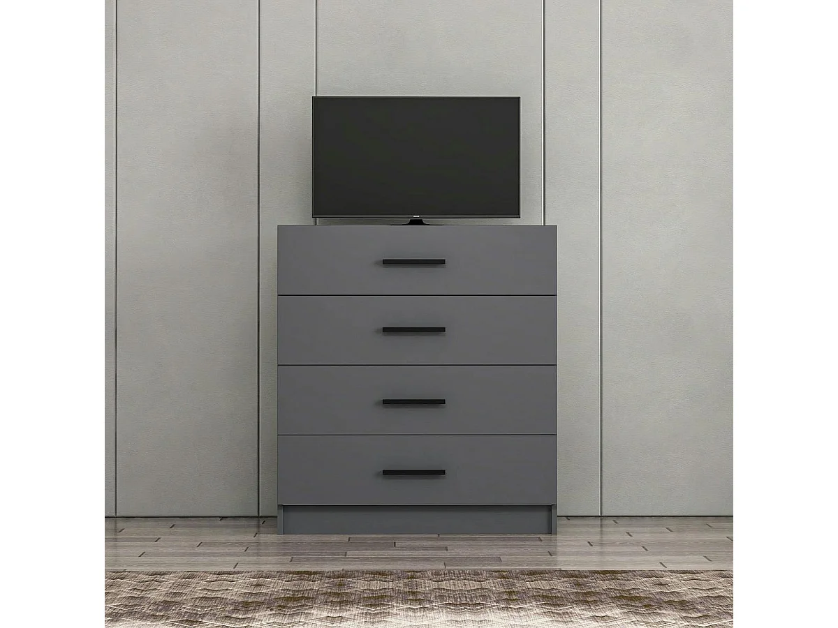 Commode de chambre grise 4 tiroirs, poignées baguettes MARFA