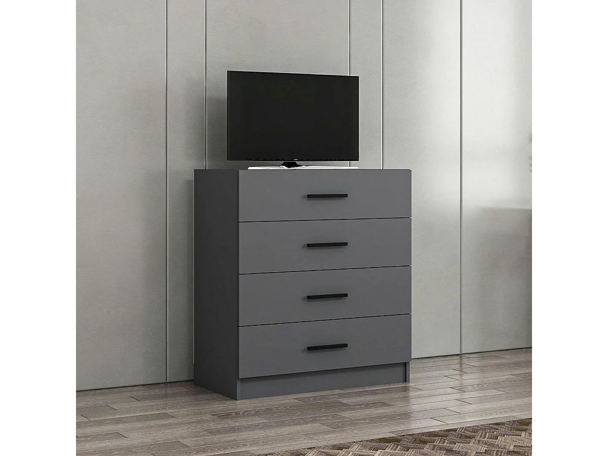 Commode de chambre grise 4 tiroirs, poignées baguettes MARFA