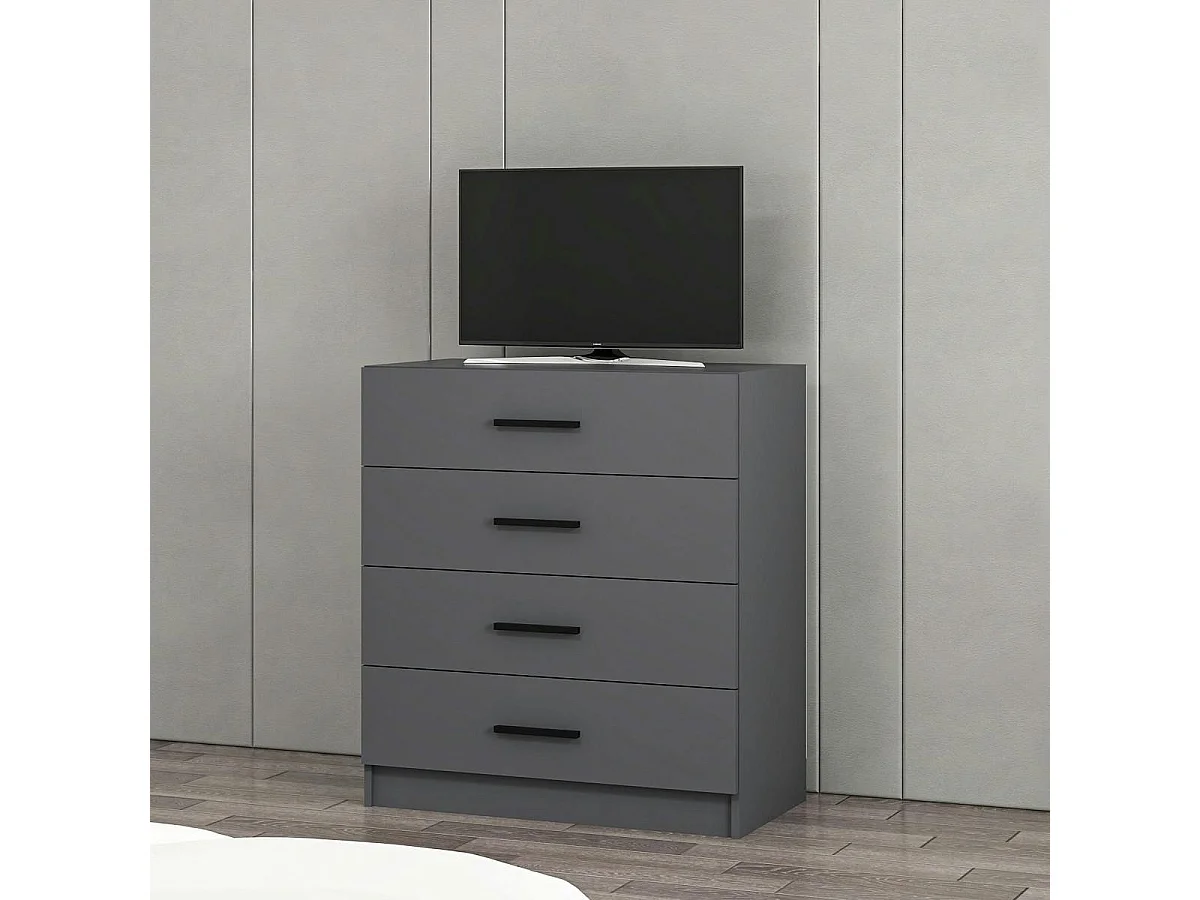 Commode de chambre grise 4 tiroirs, poignées baguettes MARFA