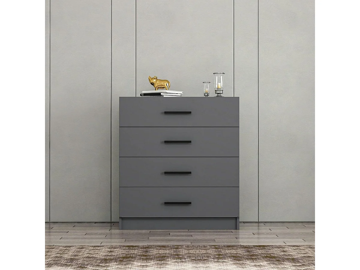 Commode de chambre grise 4 tiroirs, poignées baguettes MARFA