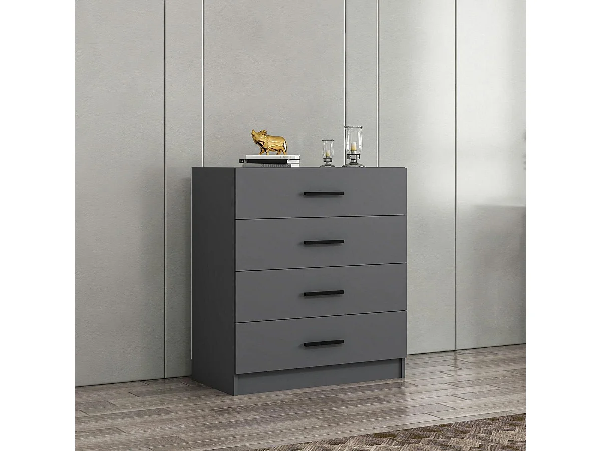 Commode de chambre grise 4 tiroirs, poignées baguettes MARFA