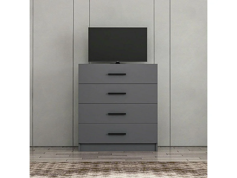 Commode de chambre grise 4 tiroirs, poignées baguettes MARFA