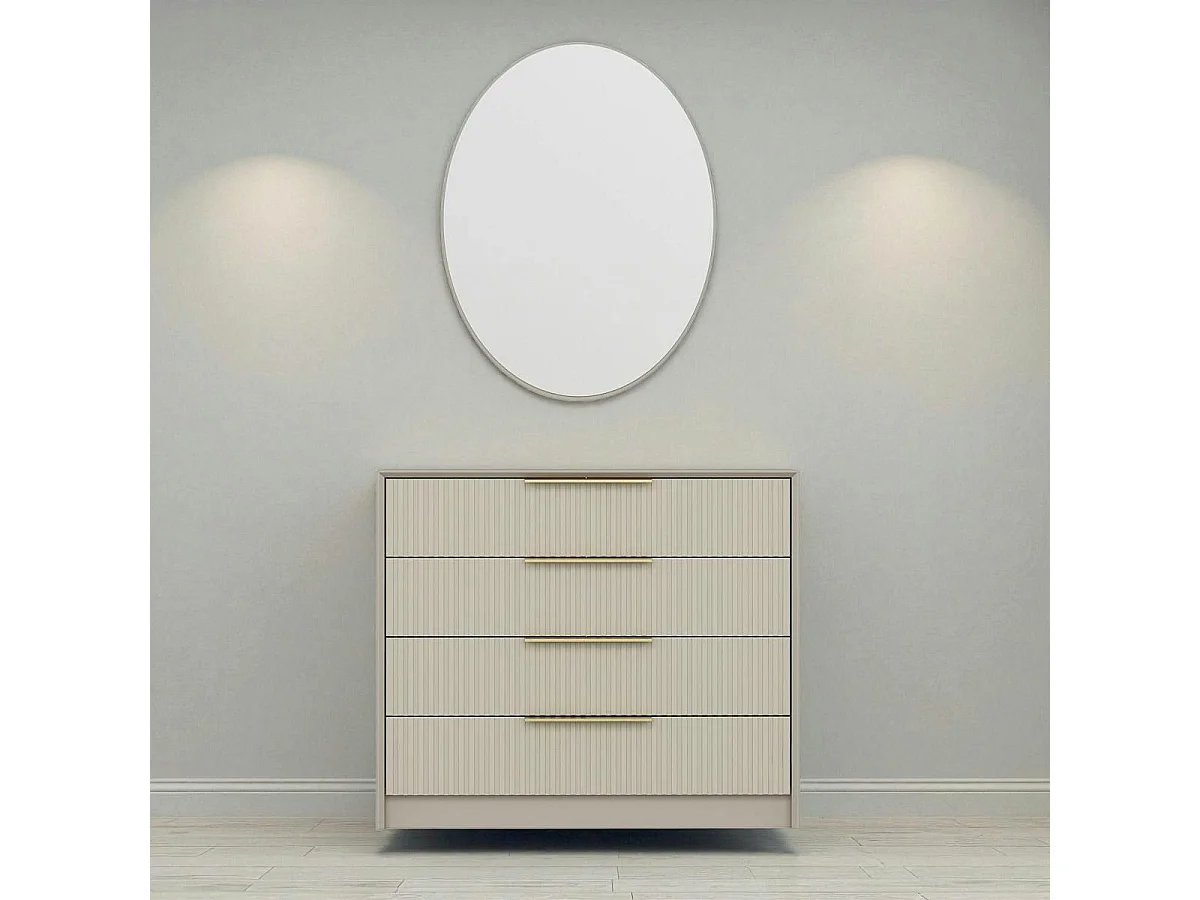 Commode moderne beige 4 tiroirs, miroir assorti BYRON