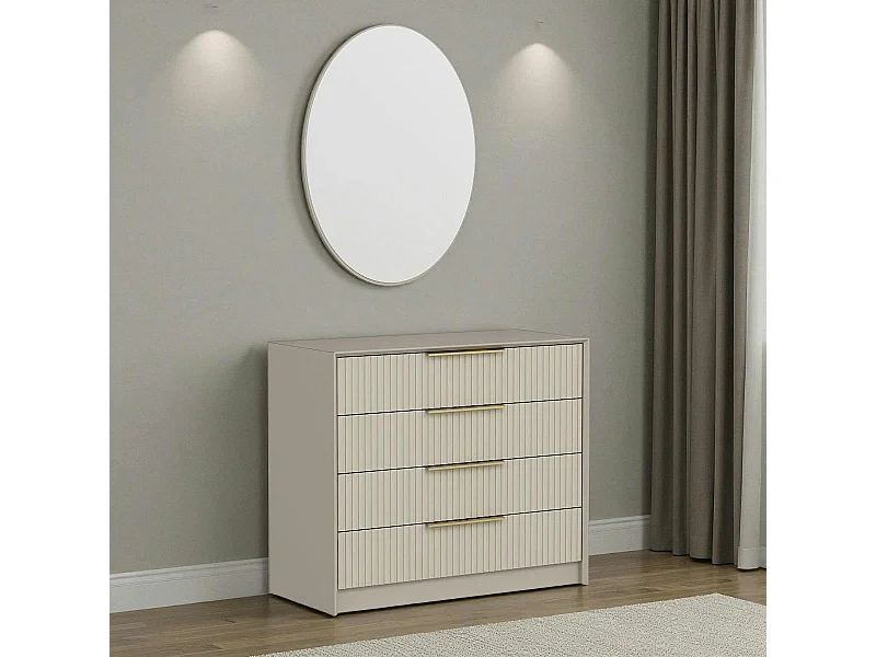 Commode moderne beige 4 tiroirs, miroir assorti BYRON