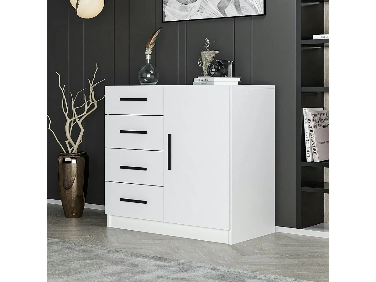 Commode blanche moderne 4 tiroirs rangement 1 porte MARFA