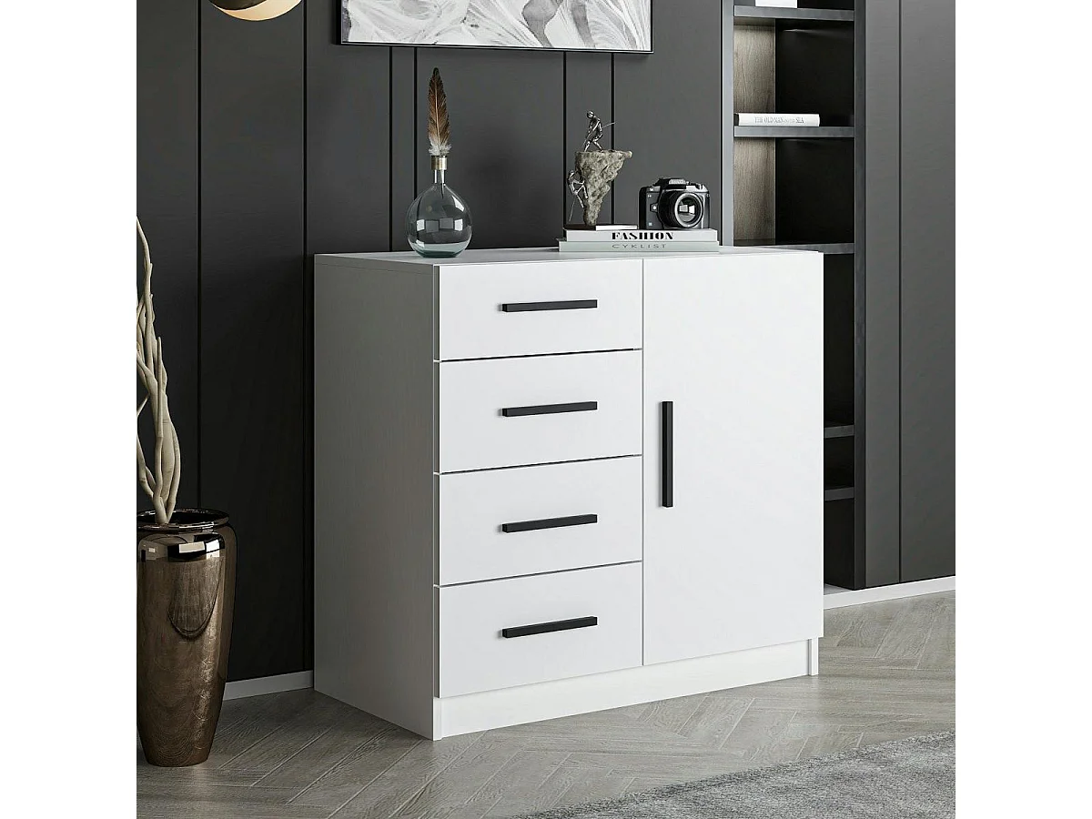 Commode blanche moderne 4 tiroirs rangement 1 porte MARFA