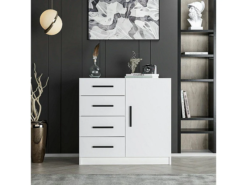 Commode blanche moderne 4 tiroirs rangement 1 porte MARFA