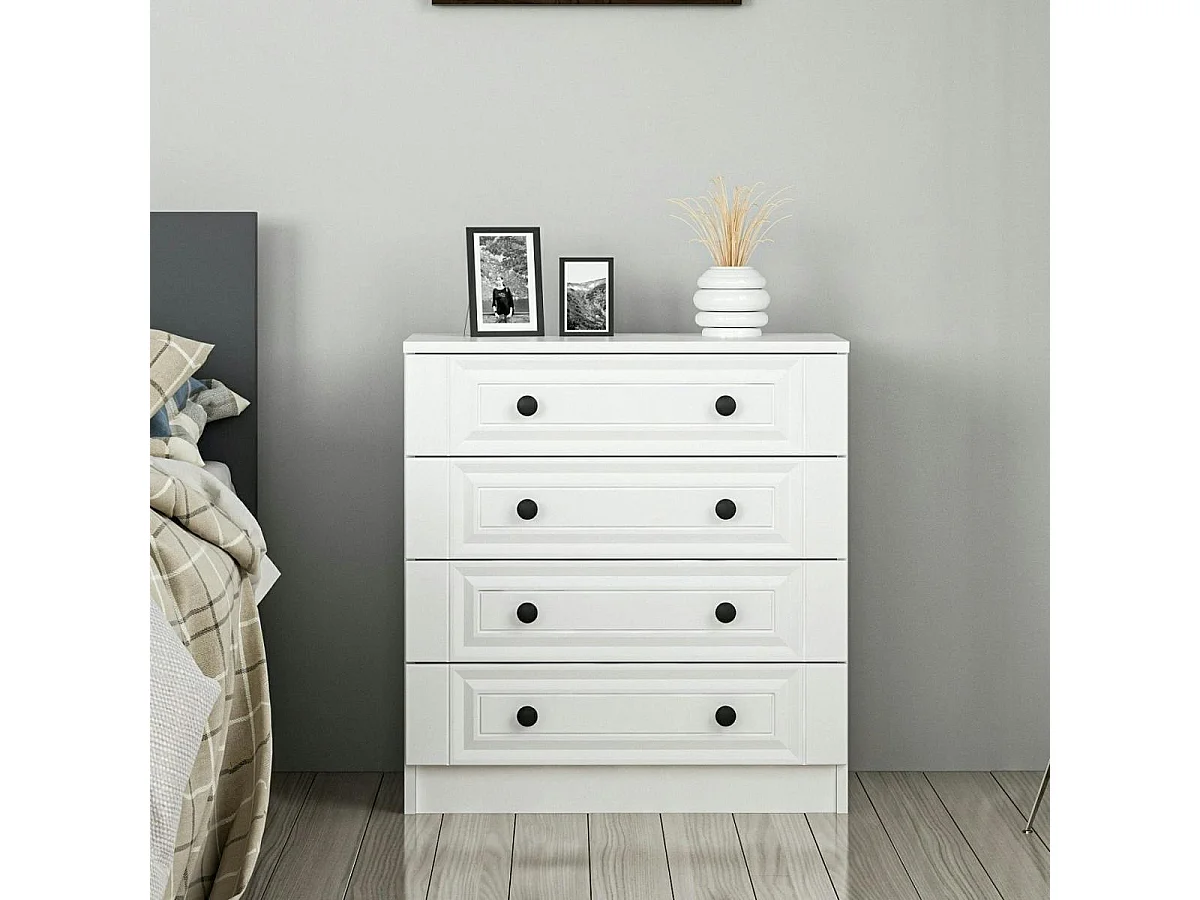 Commode blanche classique 4 tiroirs, boutons noirs MARFA