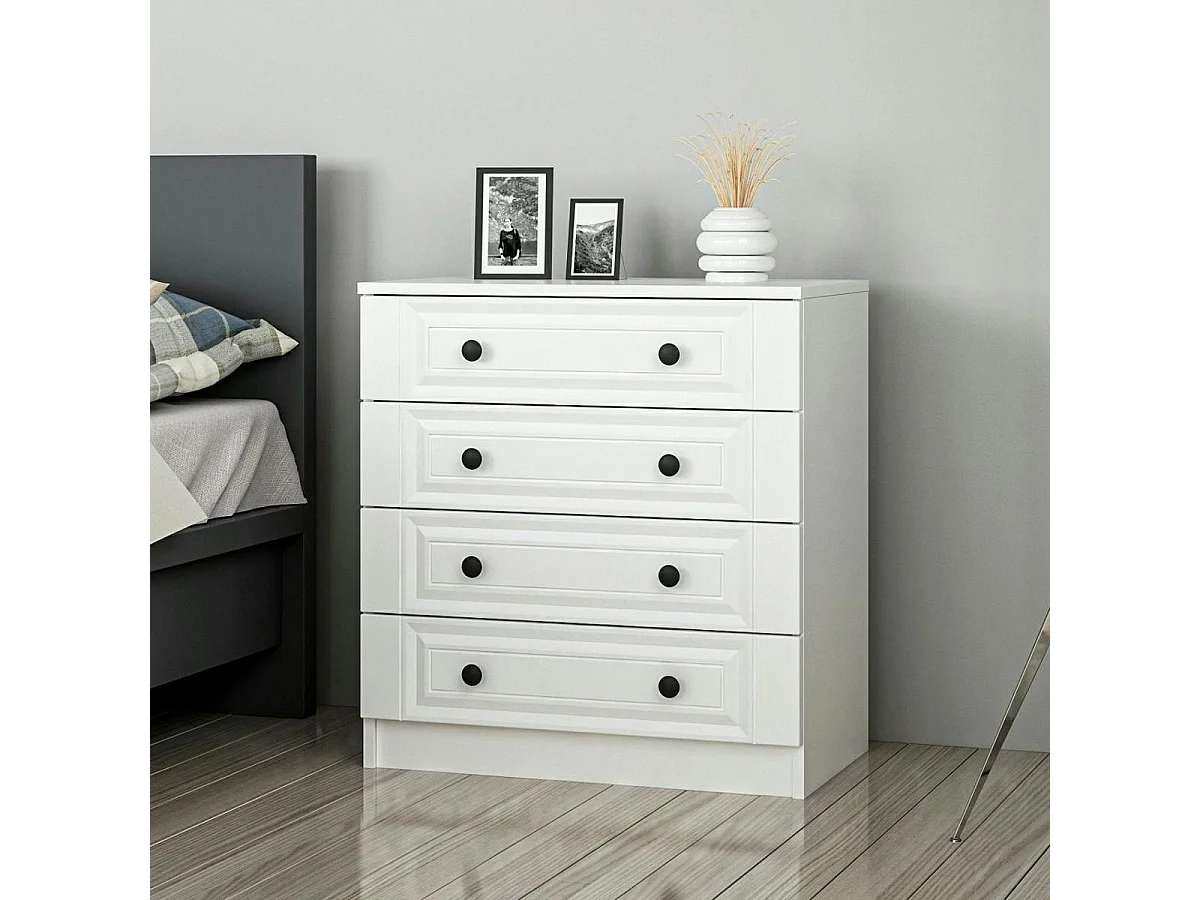 Commode blanche classique 4 tiroirs, boutons noirs MARFA