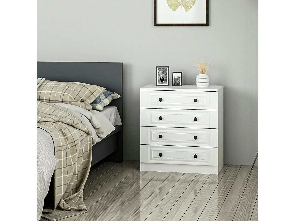 Commode blanche classique 4 tiroirs, boutons noirs MARFA