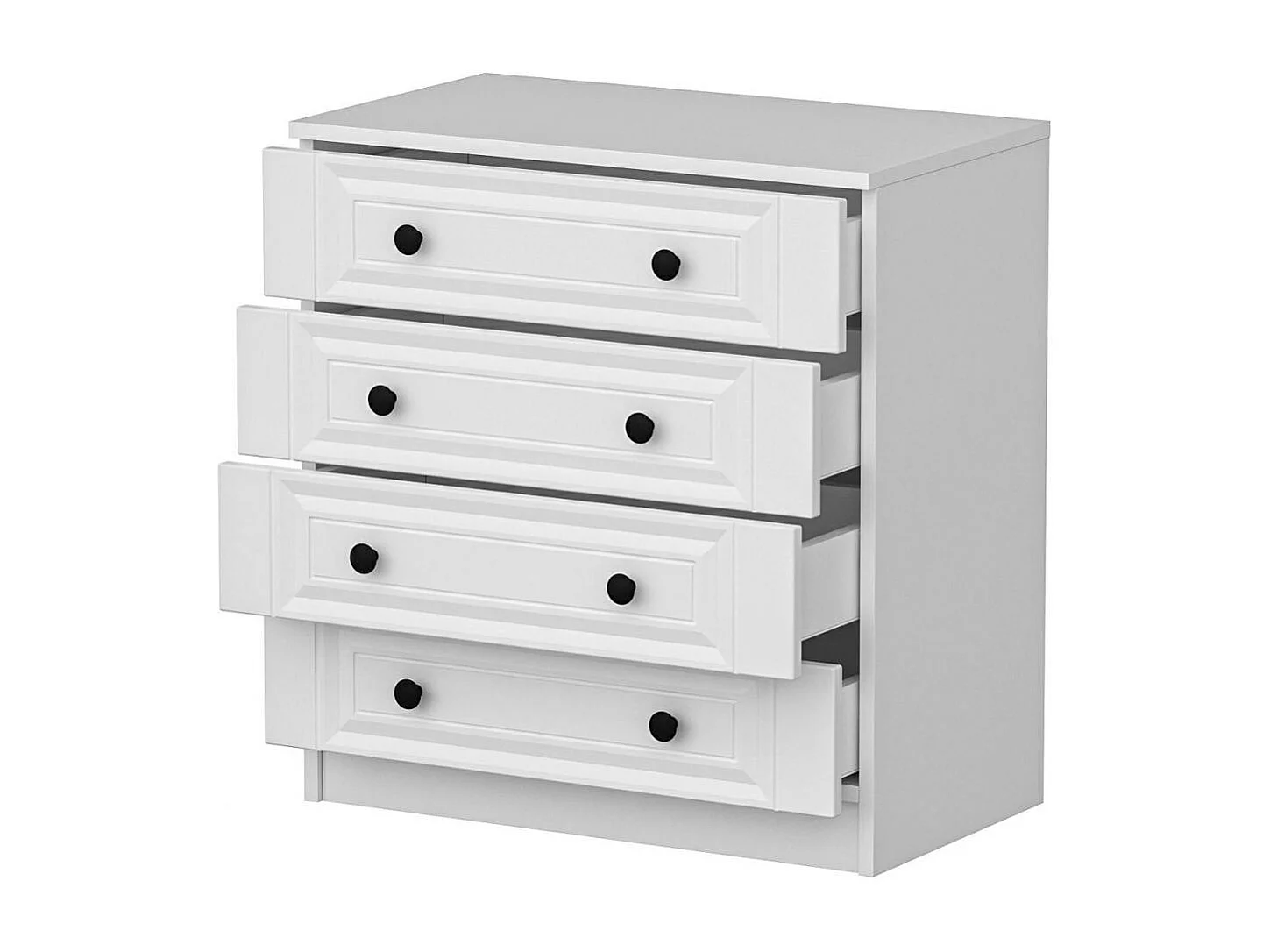 Commode blanche classique 4 tiroirs, boutons noirs MARFA