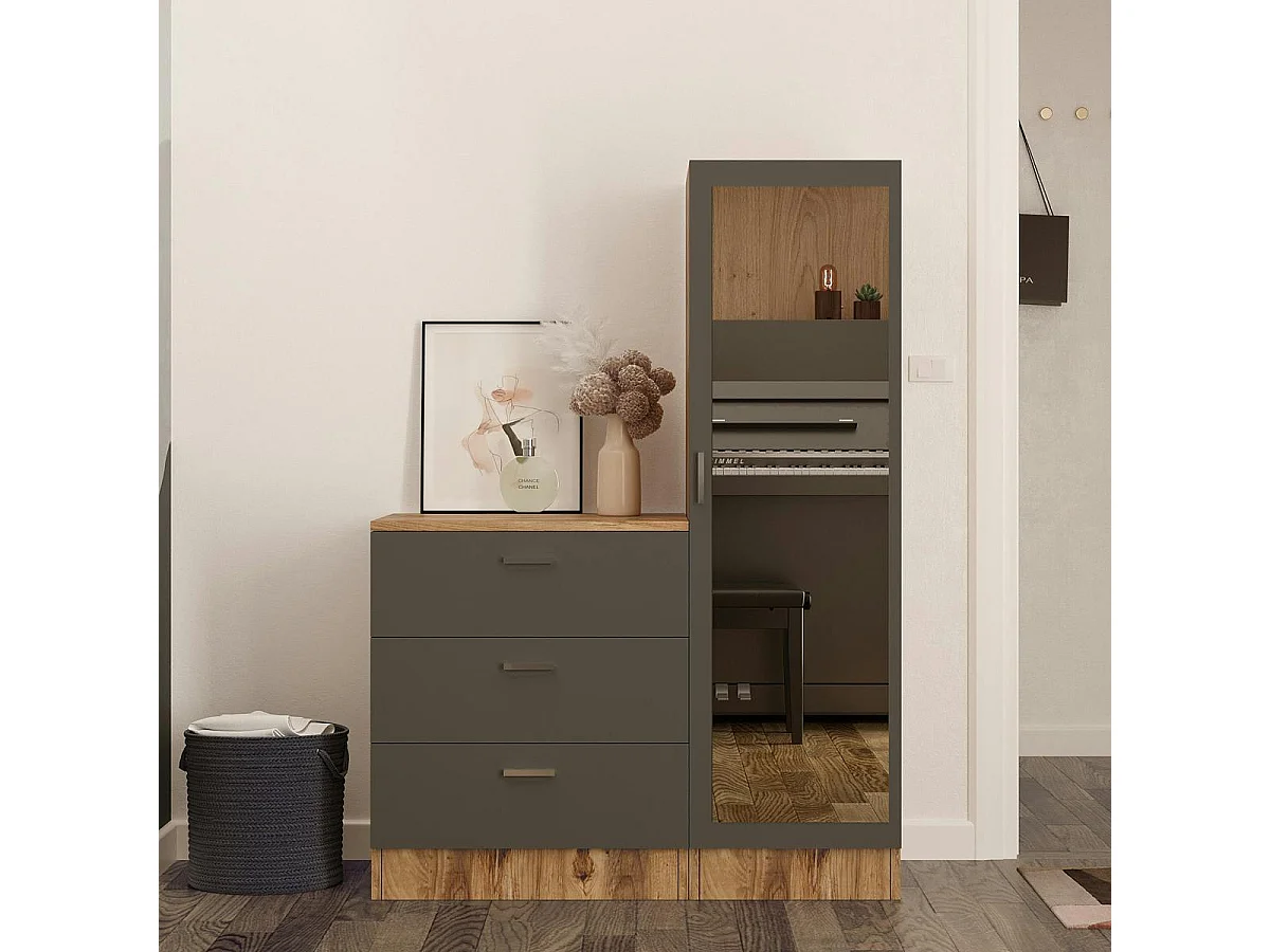 Armoire penderie compacte décor bois et gris 1 miroir MARFA