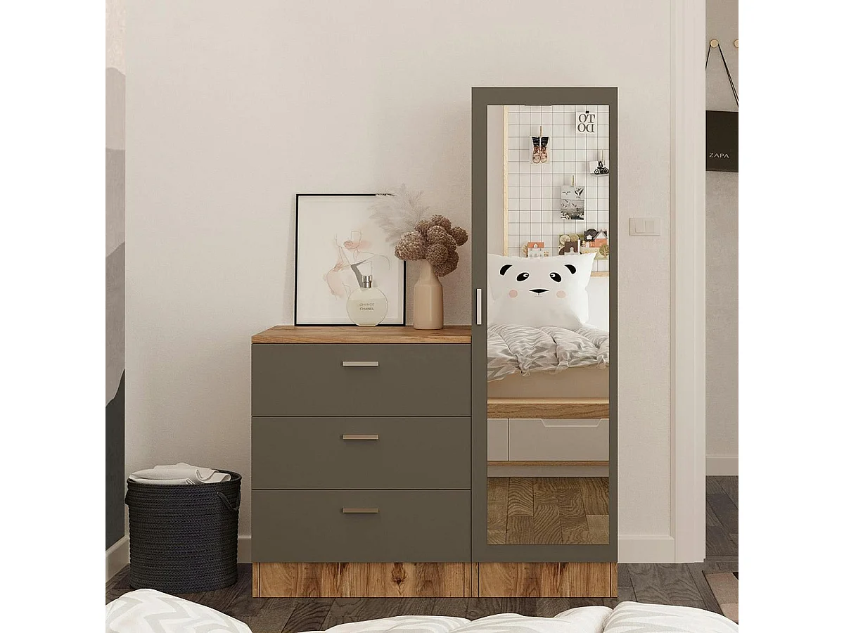 Armoire penderie compacte décor bois et gris 1 miroir MARFA