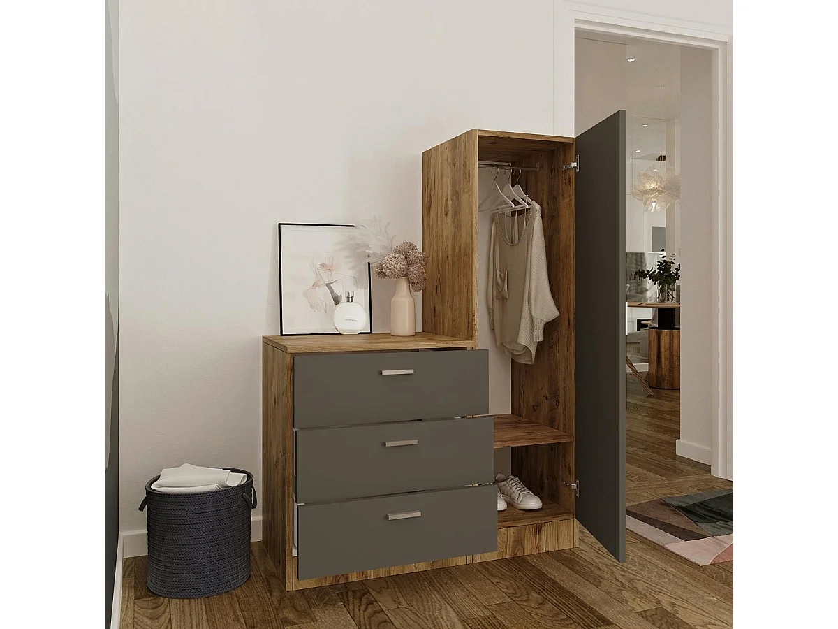 Armoire penderie compacte décor bois et gris 1 miroir MARFA