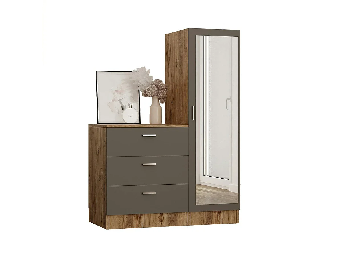 Armoire penderie compacte décor bois et gris 1 miroir MARFA