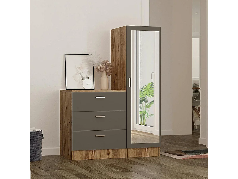 Armoire penderie compacte décor bois et gris 1 miroir MARFA