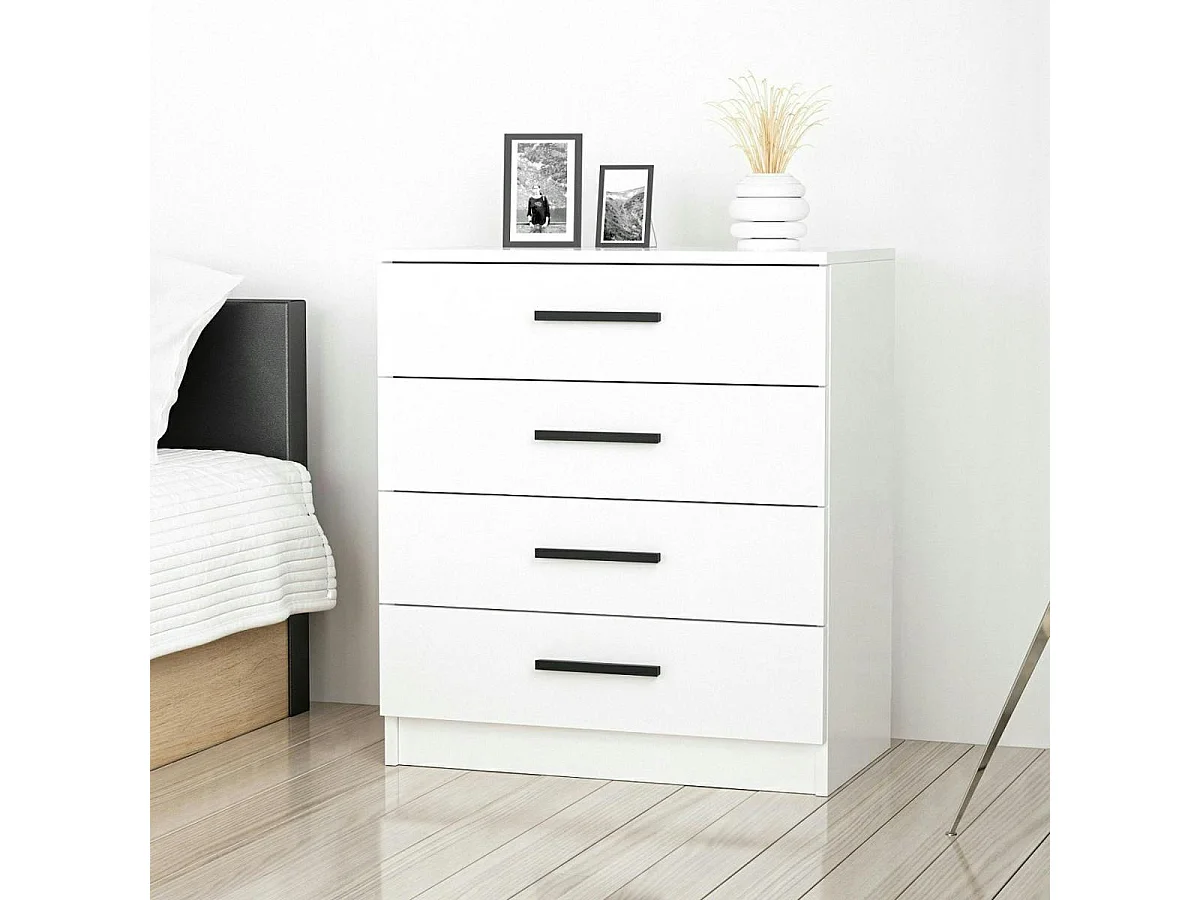 Commode blanche moderne 4 tiroirs, poignées noires MARFA