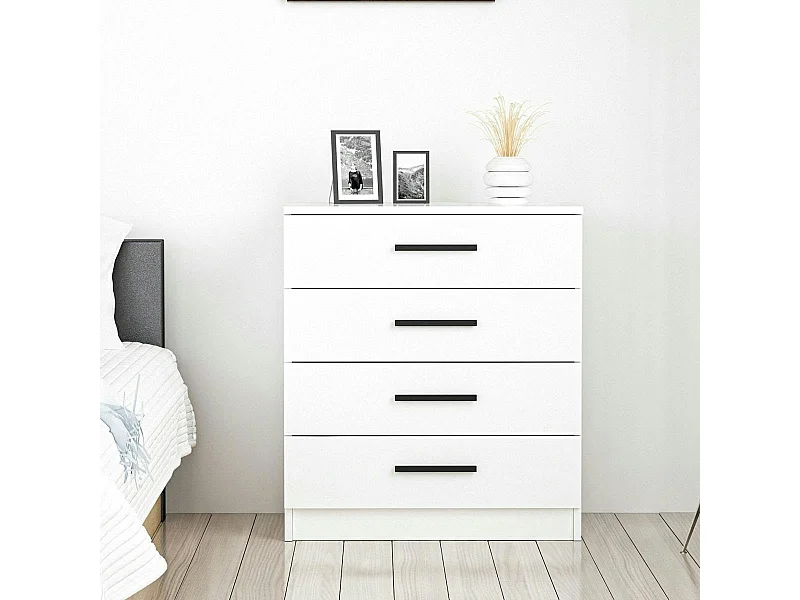 Commode blanche moderne 4 tiroirs, poignées noires MARFA