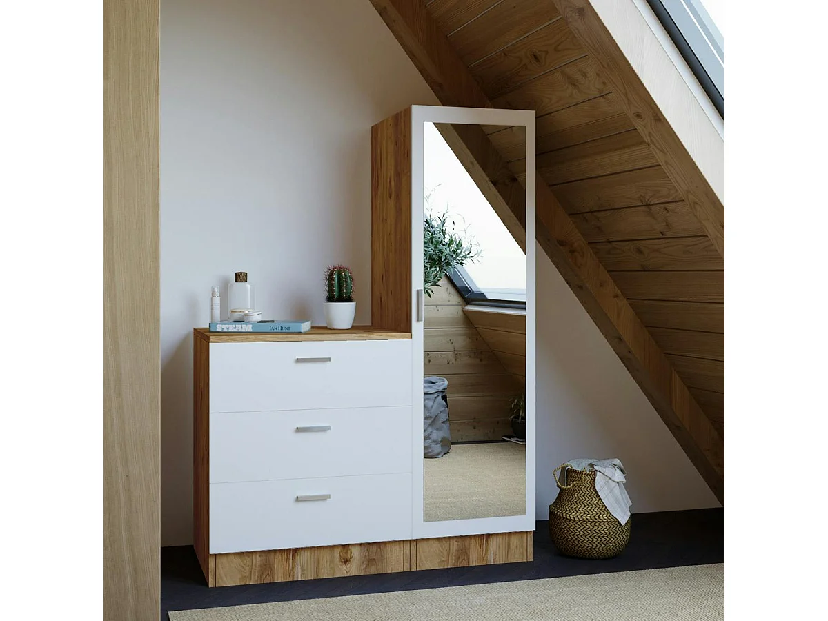 Armoire penderie compacte décor bois et blanc 1 miroir MARFA