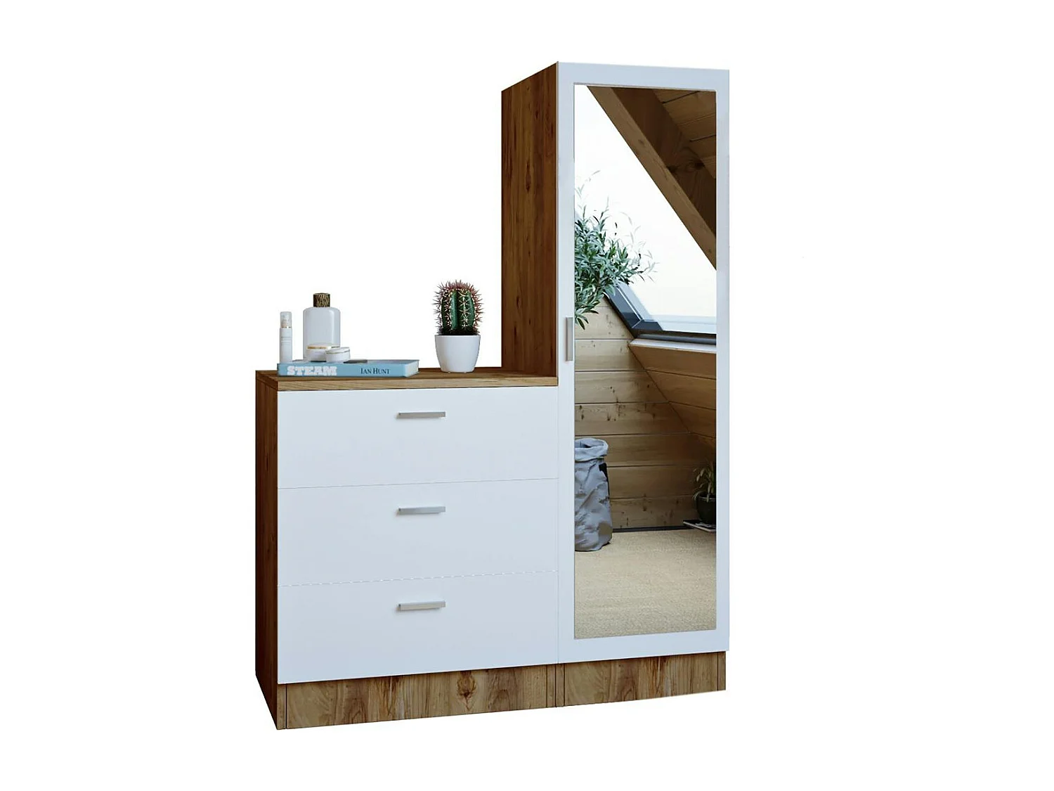 Armoire penderie compacte décor bois et blanc 1 miroir MARFA