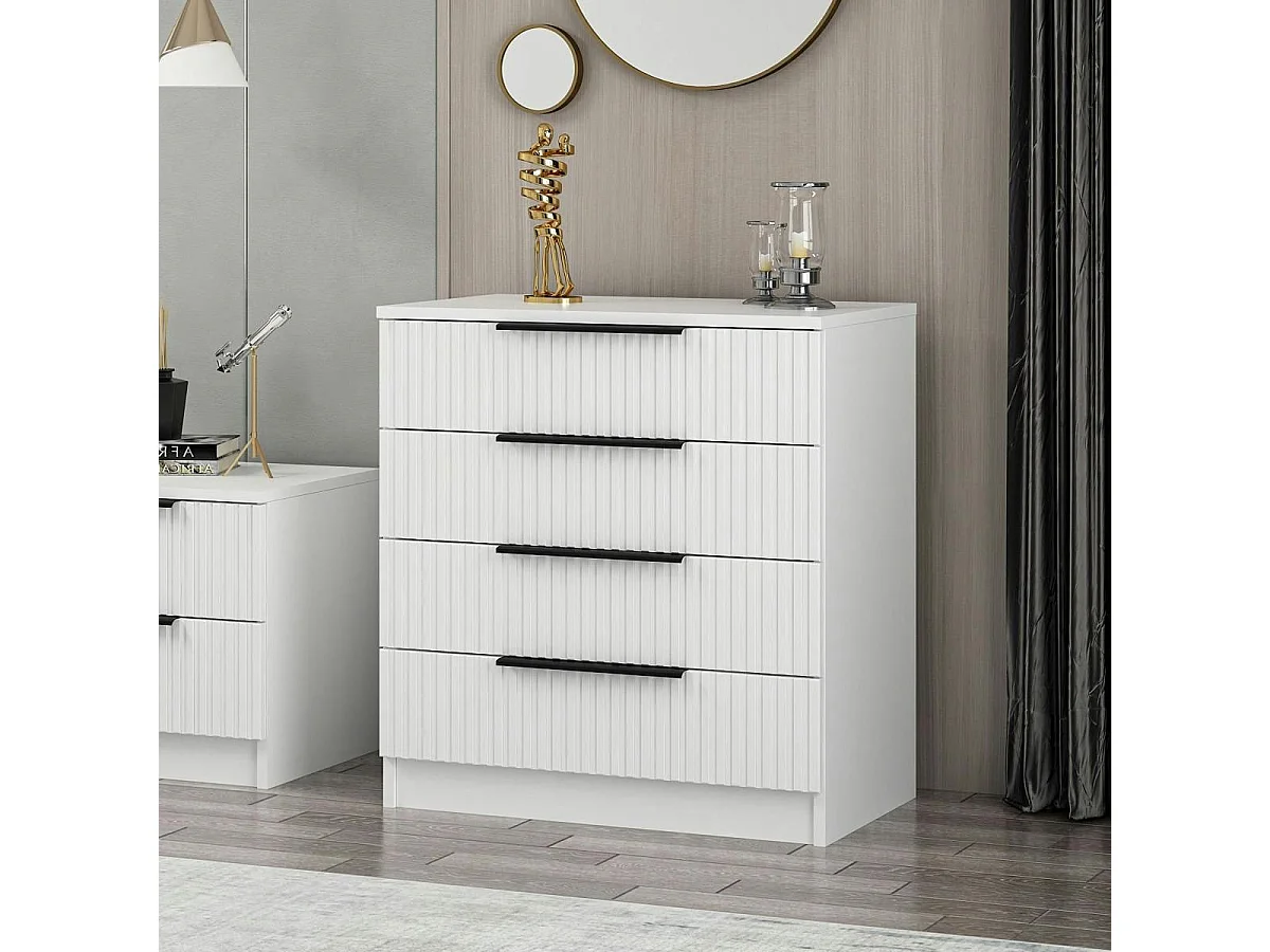 Commode blanche moderne 4 tiroirs, façade rainurée BYRON