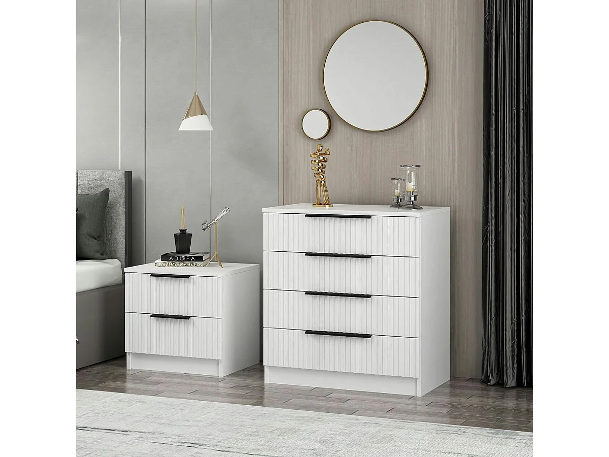 Commode blanche moderne 4 tiroirs, façade rainurée BYRON