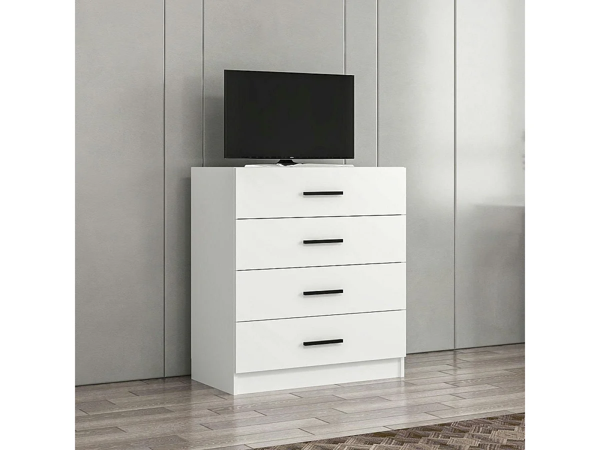 Commode chambre blanche 4 tiroirs, poignées baguettes MARFA